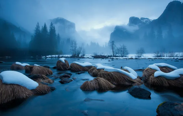 Picture water, snow, mountains, fog, river, stones