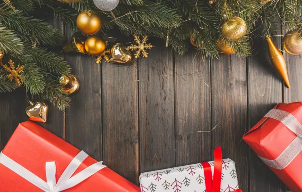 Picture tree, new year, gifts, christmas, new year, Christmas decorations, wooden background, happy new yaer