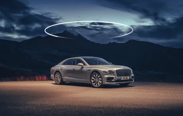 Picture mountains, Bentley, twilight, Flying Spur, 2020, Blackline