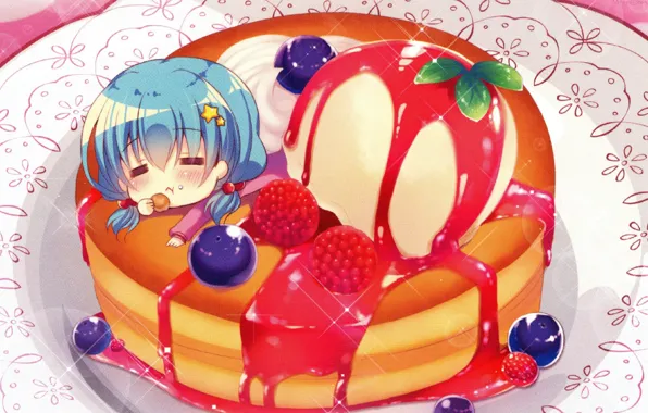 Picture blueberries, blue hair, biscuit, closed eyes, raspberry ice cream, on the plate, the actual, Lilia …