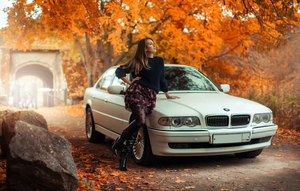 Picture auto, autumn, look, pose, photo, skirt, BMW, beauty, Mila Skidanchuk