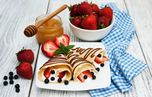 Picture berries, chocolate, towel, Breakfast, strawberry, honey, cheese, pancakes