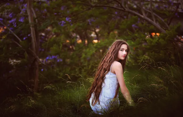 Picture forest, summer, girl, flowers, branches, nature, glade, garden