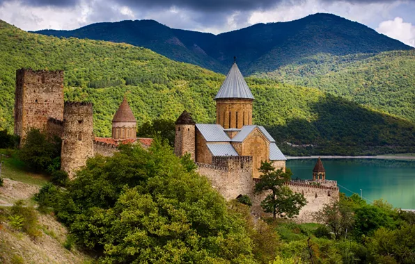 Picture landscape, mountains, clouds, nature, river, fortress, architecture, Georgia, Ananuri, Mtskheta-Mtianeti