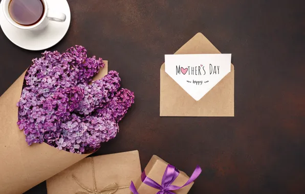 Picture flowers, gift, coffee, spring, lilac, the envelope