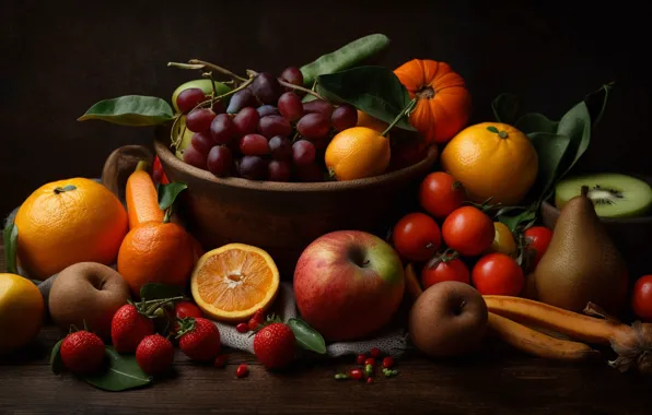 Picture berries, table, apples, food, oranges, kiwi, strawberry, grapes, bananas, bowl, fruit, still life, tomatoes, pear, …