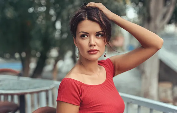 Picture pose, model, portrait, makeup, brunette, hairstyle, beauty, in red, bokeh, Stephanos Georgiou, Stephanos G.