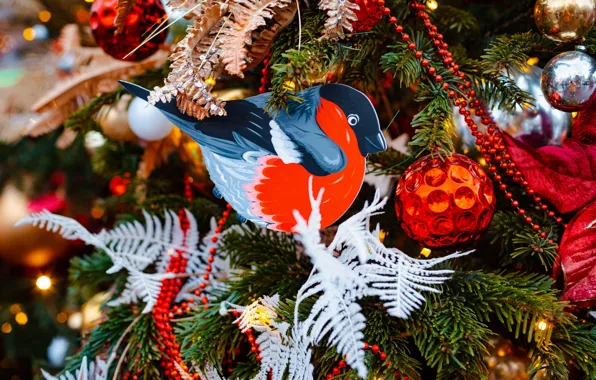 Picture holiday, bird, toy, Christmas, New year, needles, bullfinch, Christmas decorations