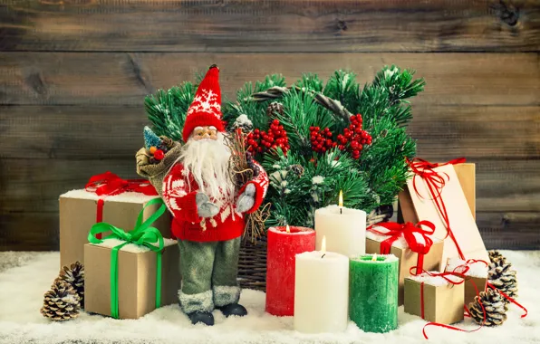 Picture snow, decoration, tree, candles, New Year, Christmas, gifts, Christmas