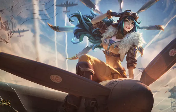 Picture girl, fantasy, game, tower, green eyes, aircraft, planes, League of Legends
