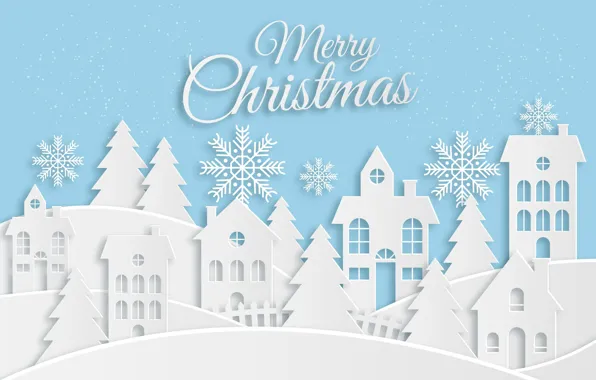 Picture snowflakes, the inscription, Christmas, New year, houses, snowfall, blue background