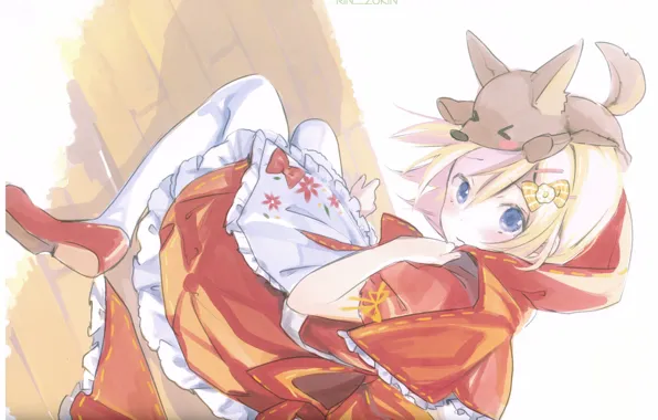 Picture girl, blue eyes, Little Red Riding Hood, sitting on the floor, the cub, apron, red …