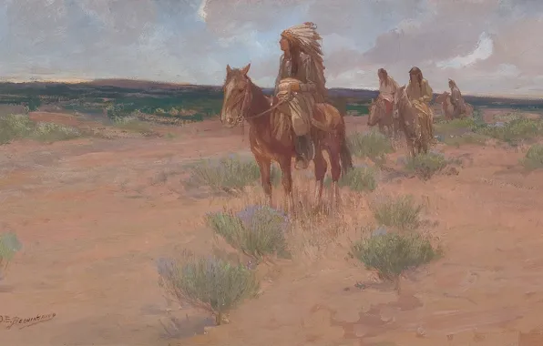 Picture grass, horse, the Indians, Oscar Edmund Berninghaus, Return to Camp