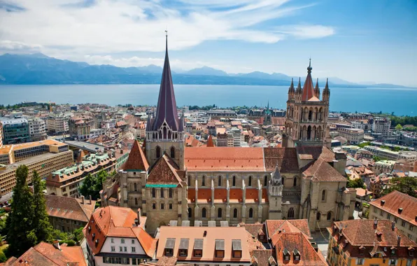 Picture mountains, lake, home, Switzerland, panorama, Cathedral, Lausanne