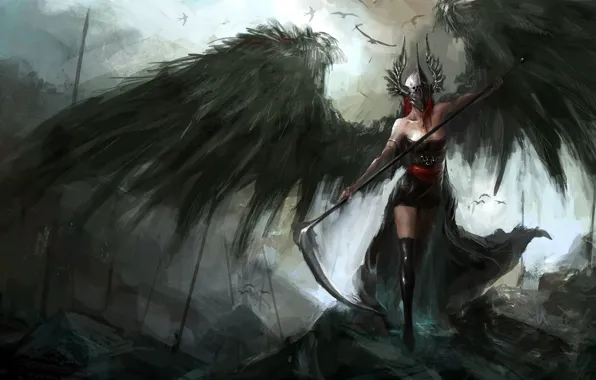 Picture artwork, sickle, fantasy art, angel, demon, mask, pearls, dark fantasy, birds, dark, Dark angel, wings, …