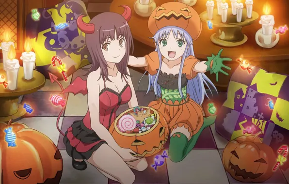 Picture joy, table, magic, pillow, candles, sweets, Halloween, horns, gloves, To Aru Majutsu no Index, in …