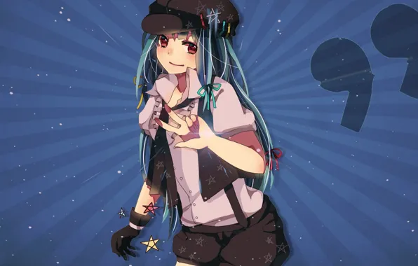 Picture girl, art, gloves, cap, vocaloid, hatsune miku, stars, Vocaloid