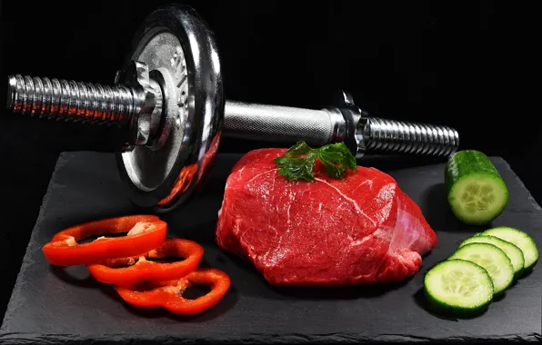 Picture meat, vegetables, dumbbell, healthy life