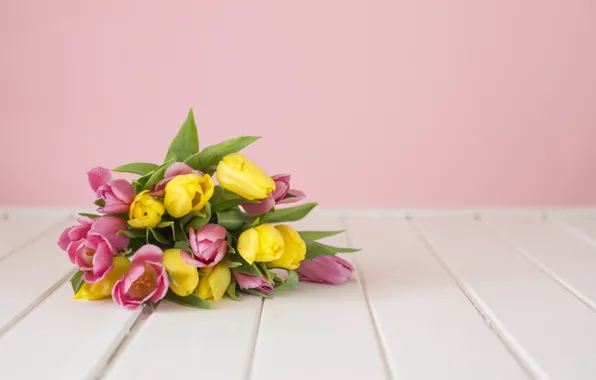 Picture flowers, Board, bouquet, spring, yellow, tulips, lies, pink