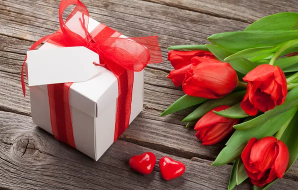Picture love, flowers, gift, bouquet, hearts, tulips, red, love, wood, flowers, cup, romantic, hearts, tulips, Valentine's …