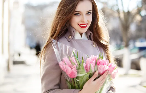 Picture girl, the sun, flowers, smile, portrait, bouquet, makeup, hairstyle, tulips, brown hair, pink, beauty, coat, …