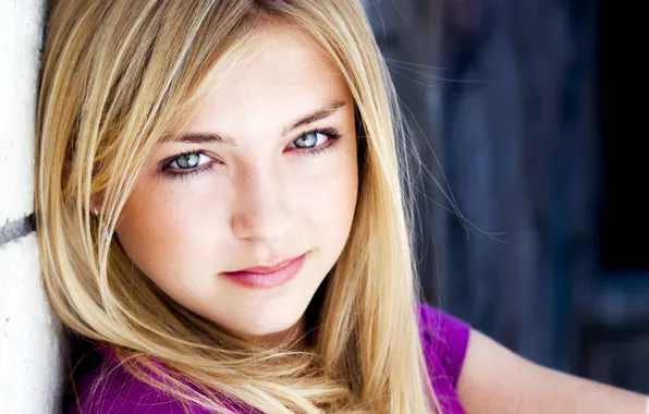 Picture girl, blur, blonde, blue-eyed, blonde, pink blouse, charming look, Milka