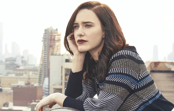 Picture roof, look, girl, face, the city, Rachel Brosnahan