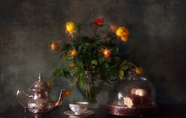 Picture flowers, tea, bouquet, kettle, pie, mug, Cup, cake