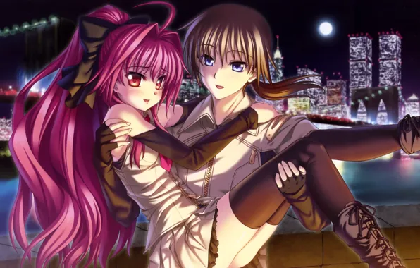 Picture girl, bridge, the city, lights, river, home, anime, art