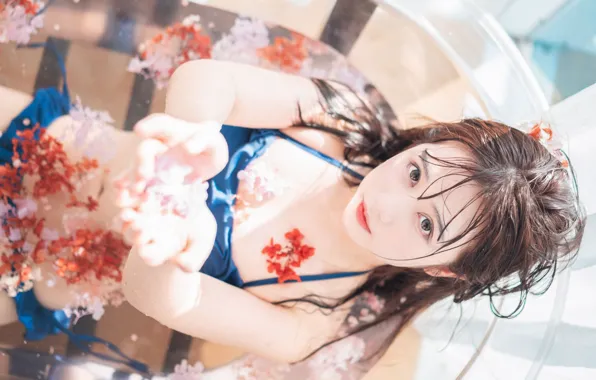 Picture Beautiful, Asian, Model, Flower, Woman, Tub, Pretty, Japanese