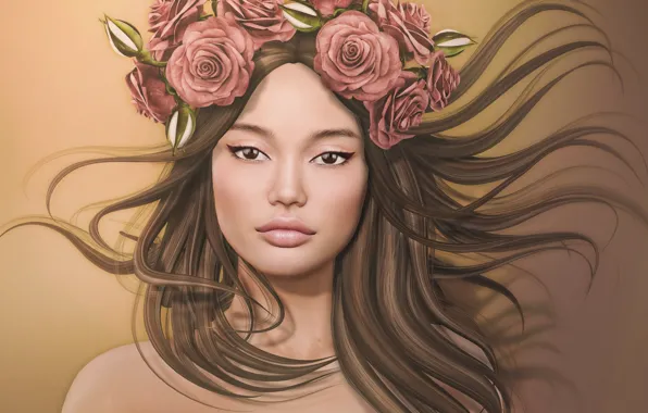 Picture girl, flowers, face, background, hair