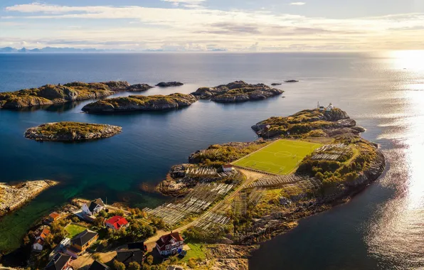 Picture sea, the sun, coast, village, horizon, panorama, houses, the view from the top, Norway, football …