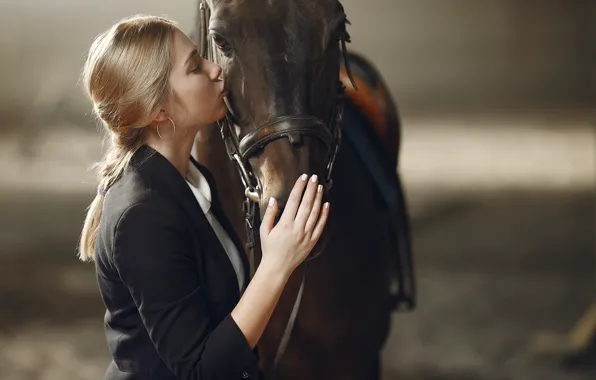 Picture girl, love, pose, horse, kindness, horse, hand, portrait
