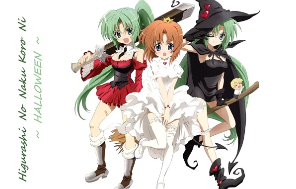 Picture boots, crown, Halloween, white dress, green hair, wink, baseball bat, When the cicadas cry