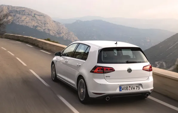 Picture Auto, Road, Mountains, White, Volkswagen, Machine, Day, Golf, GTI, Rear view, In Motion