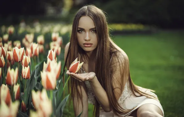 Picture LOOK, GRASS, FIELD, GREENS, DRESS, FLOWERS, BROWN hair, GLADE, TULIPS, by Marco Squassina, Model Daria …