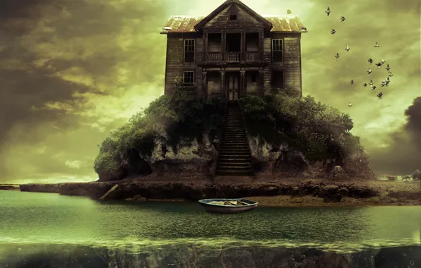 Picture birds, house, vegetation, boat, island, ladder, island of dream