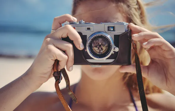 Picture girl, beach, the camera, sea, summer