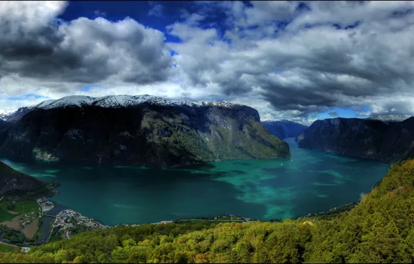 Picture forest, clouds, snow, clouds, nature, lake, Norway, Norway, town., the rocks of the mountains, muntains