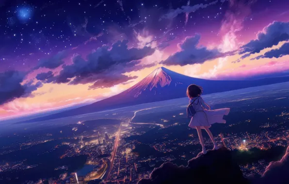 Picture stars, clouds, night, the city, mountain, Girl, Girl, Anime