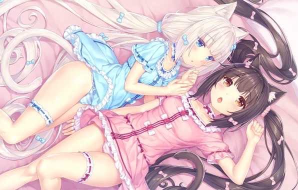 Picture Ruski, bows, long hair, blue dress, pink dress, cat ears, Vanilla, Chocola