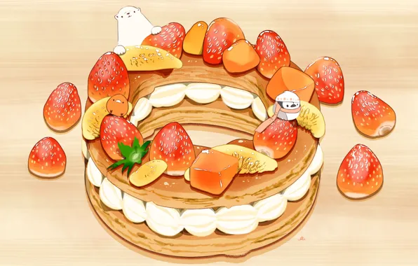 Picture strawberry, penguin, birds, polar bear, cream, dessert, cake, lemon slices