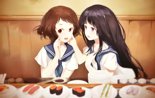 Picture table, Schoolgirls, friend, sushi, Japanese cuisine, Hyouk, Chitanda Eru, sailor, Mayaka Ibara, two girls