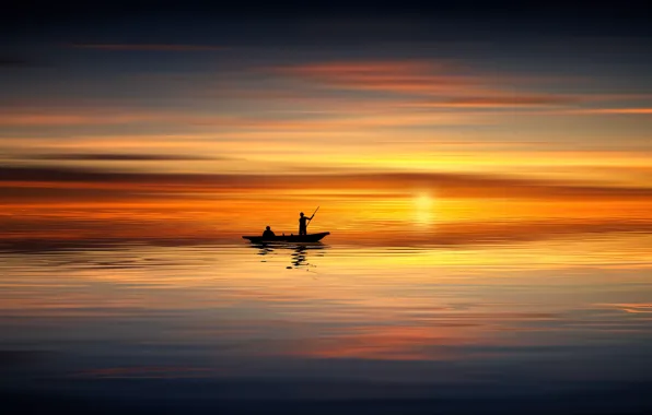 Picture sea, sunset, surface, people, boat, calm, silhouettes