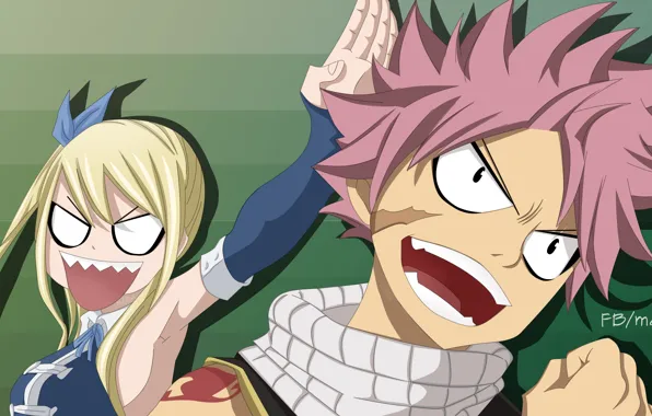 Picture girl, anger, anime, art, guy, two, Fairy Tail, Natsu, Lucy, Fairy tail