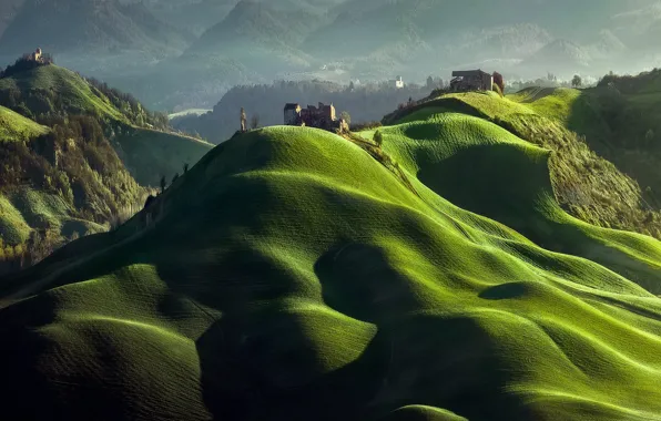 Picture light, mountains, hills, Spring, shadows, ruins