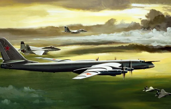 Picture the sky, clouds, figure, art, fighters, bomber, jet, strategic, Russian, Soviet, Tu-95MS, turboprop, American, multipurpose, …