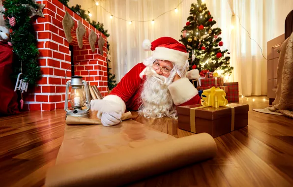 Picture holiday, tree, New Year, Christmas, gifts, tree, fireplace, Santa Claus