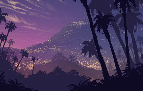 Picture Night, Palm trees, Background, Art, Art, Night, Background, Palm Trees