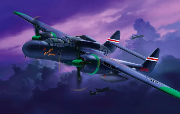 Picture painting, airplane, aviation, P-61B Black Widow, art